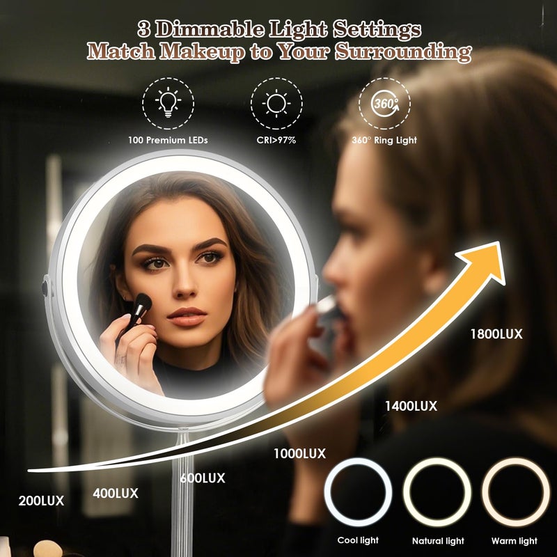 VESAUR 15X Magnifying Mirror with Light, 9.5 Large 5000mAh Rechargeable Double Sided HD Lighted Makeup Mirror with 3 Touch Dimmable Light, 360Â° Swivel Detachable for Travel Vanity Mirror Nickel, Gifts - Image 3